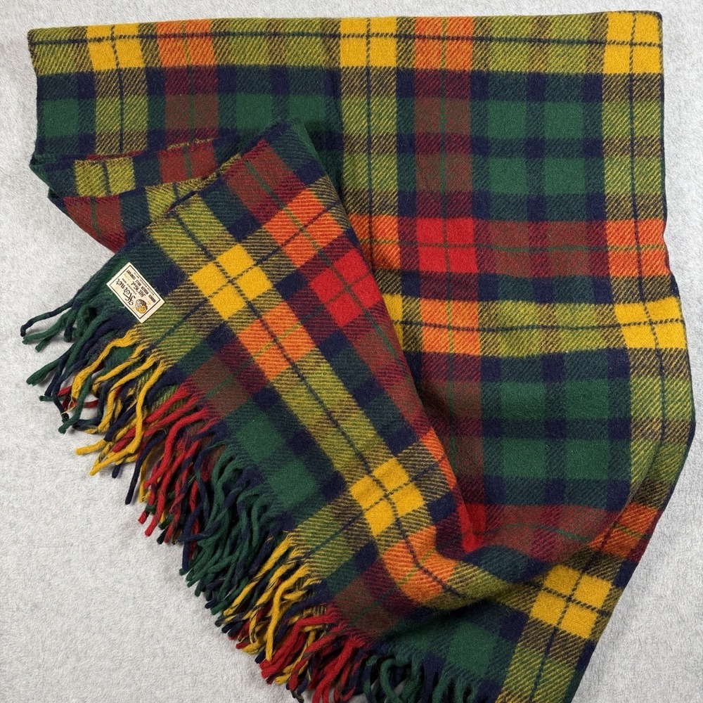 Vintage Horner Woolen Mills Multi Color Plaid Wool Fringe Blanket Made In USA